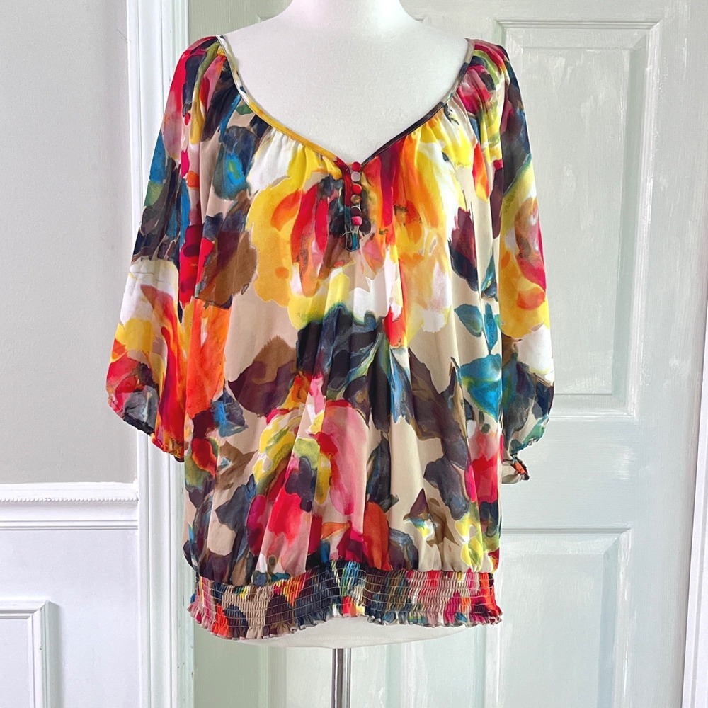 Banana Republic Blouse L Womens Floral Smocked Hem V-Neck Multicolor Watercolor